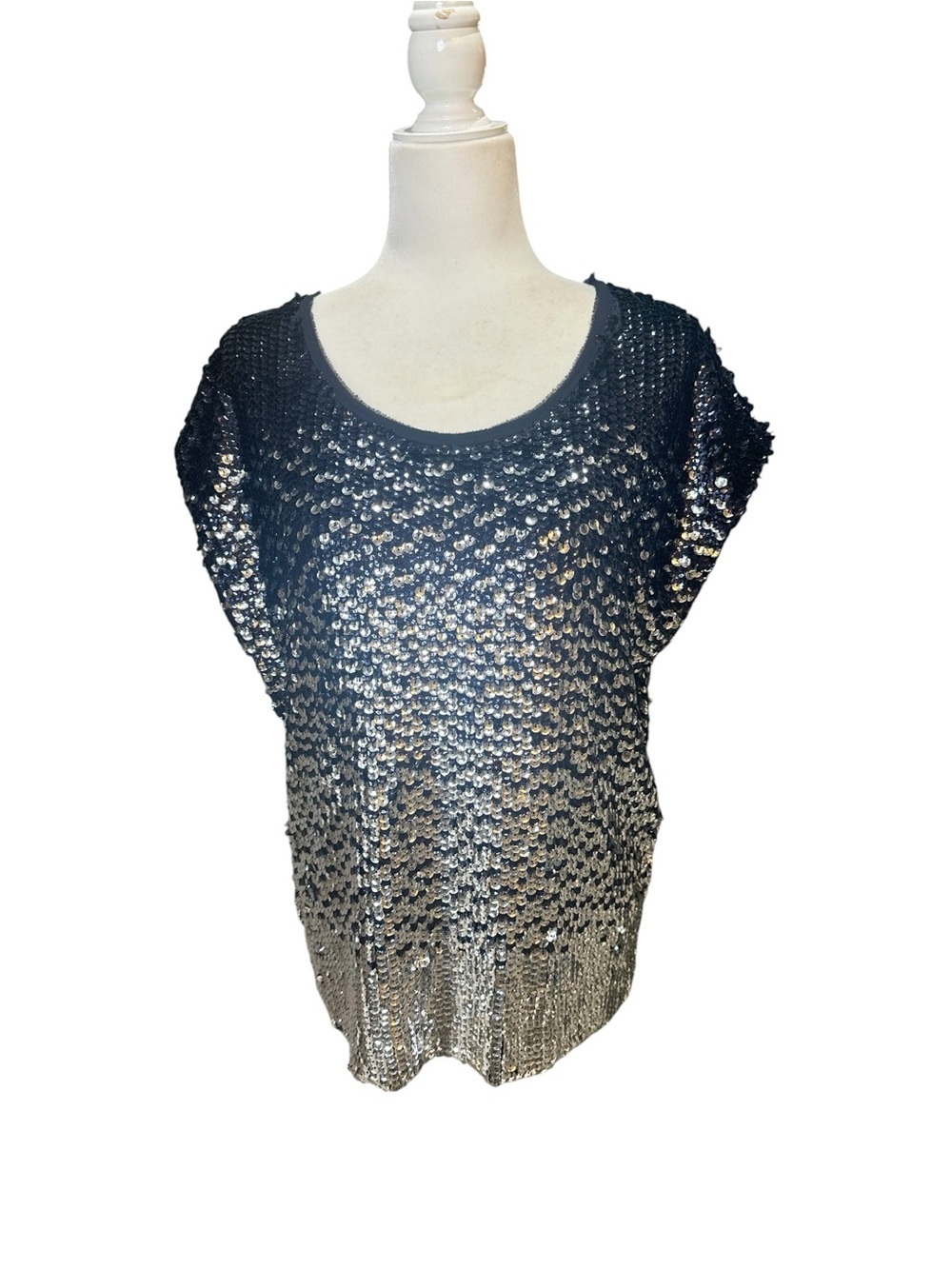 Tory Burch Navy-to-Silver Sequined Ombre Short Sleeve Top
